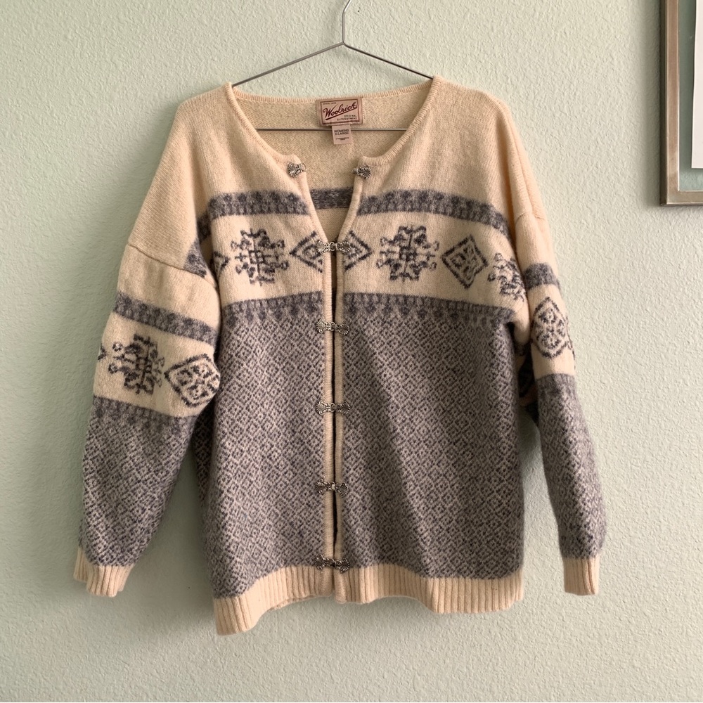 WOOLRICH vintage *flaws alpine ski style cardigan knit sweater cream wool nordic - Picture 2 of 10